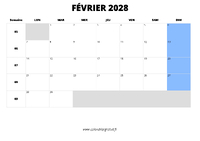 calendrier février 2028 au format paysage