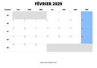 calendrier février 2029 au format paysage