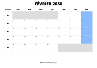 calendrier février 2030 au format paysage