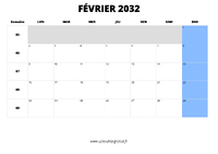 calendrier février 2032 au format paysage