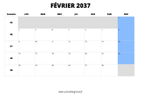 calendrier février 2037 au format paysage