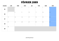calendrier février 2089 calendrier février 2089 au format paysage