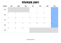 calendrier février 2091 au format paysage