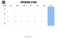 calendrier février 2100 calendrier février 2100 au format paysage