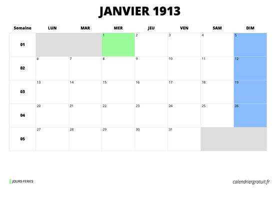 calendrier janvier 1913 au format paysage
