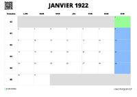 calendrier janvier 1922 calendrier janvier 1922 au format paysage
