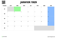 calendrier janvier 1929 au format paysage