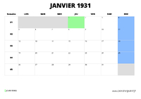 calendrier janvier 1931 au format paysage