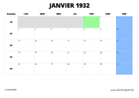 calendrier janvier 1932 au format paysage