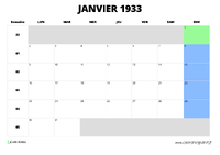 calendrier janvier 1933 au format paysage