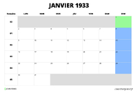 calendrier janvier 1933 calendrier janvier 1933 au format paysage