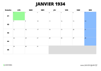 calendrier janvier 1934 au format paysage