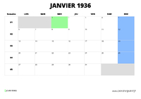 calendrier janvier 1936 au format paysage