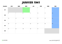 calendrier janvier 1941 au format paysage