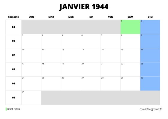 calendrier janvier 1944 au format paysage