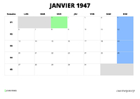 calendrier janvier 1947 calendrier janvier 1947 au format paysage