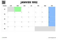 calendrier janvier 1952 au format paysage