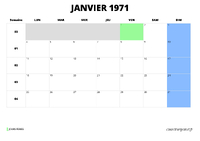 calendrier janvier 1971 au format paysage