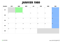 calendrier janvier 1980 au format paysage
