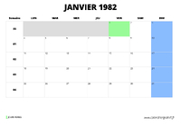 calendrier janvier 1982 au format paysage