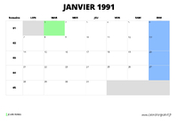 calendrier janvier 1991 au format paysage