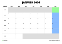 calendrier janvier 2006 au format paysage
