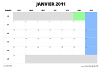 calendrier janvier 2011 au format paysage