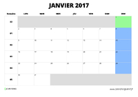 calendrier janvier 2017 au format paysage