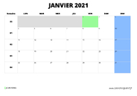 calendrier janvier 2021 au format paysage
