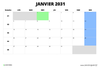 calendrier janvier 2031 au format paysage