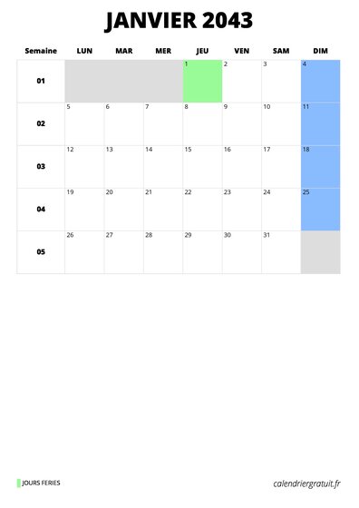 calendrier janvier 2043 format portrait