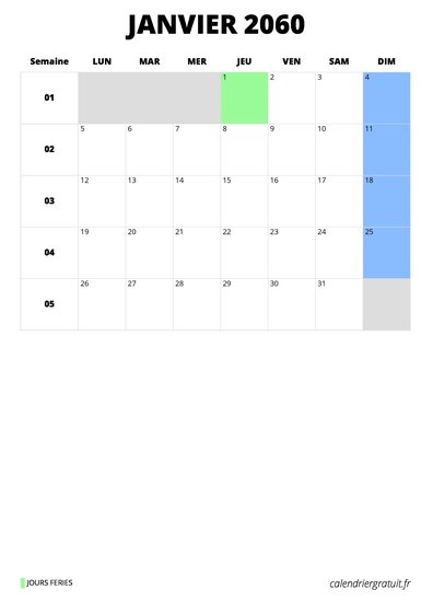 calendrier janvier 2060 format portrait
