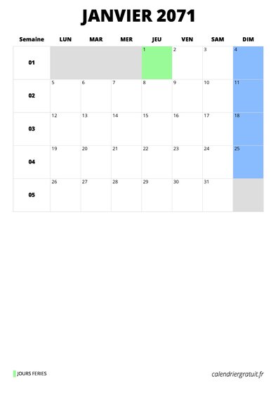 calendrier janvier 2071 format portrait