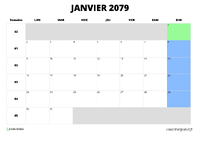 calendrier janvier 2079 au format paysage