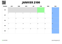 calendrier janvier 2100 au format paysage