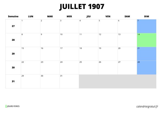 calendrier juillet 1907 au format paysage