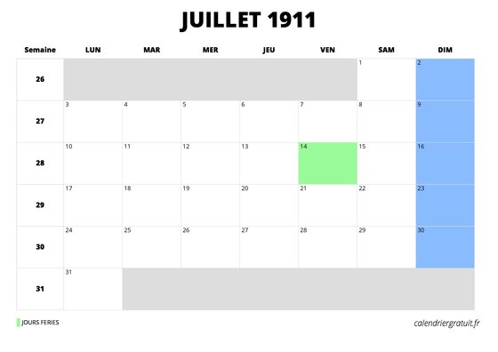 calendrier juillet 1911 au format paysage