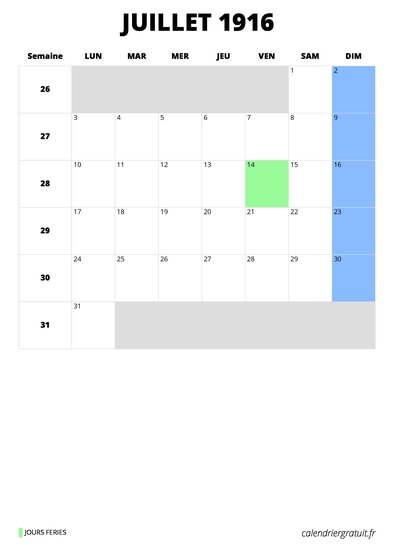 calendrier juillet 1916 format portrait