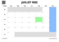 calendrier juillet 1922 calendrier juillet 1922 au format paysage