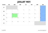 calendrier juillet 1931 au format paysage
