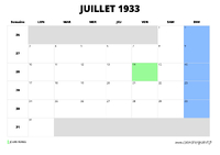 calendrier juillet 1933 au format paysage