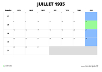 calendrier juillet 1935 au format paysage
