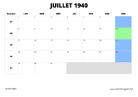 calendrier juillet 1940 au format paysage