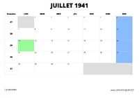 calendrier juillet 1941 au format paysage