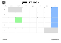 calendrier juillet 1953 calendrier juillet 1953 au format paysage