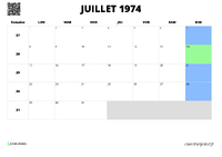 calendrier juillet 1974 au format paysage