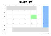 calendrier juillet 1989 au format paysage