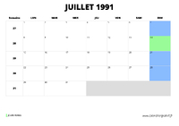 calendrier juillet 1991 au format paysage