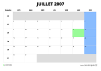 calendrier juillet 2007 au format paysage