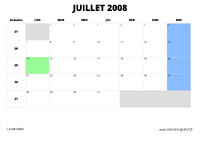calendrier juillet 2008 au format paysage
